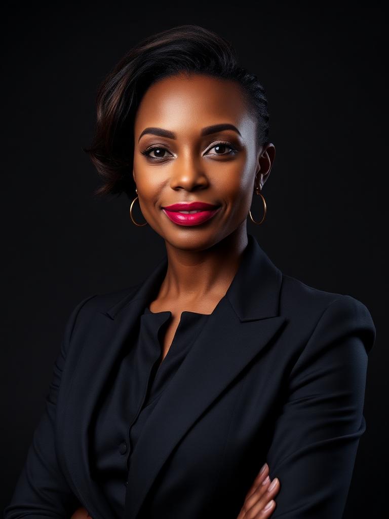 Studio portrait of sample honoree Adaeze Okonkwo in a dark tailored suit