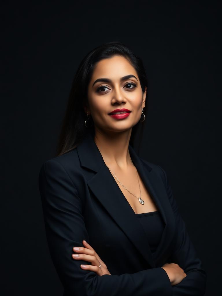 Studio portrait of sample honoree Priya Raghavan in a black blazer