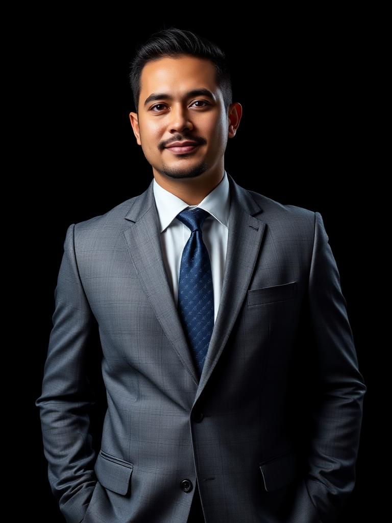Studio portrait of sample honoree Mateo Delgado in a grey suit