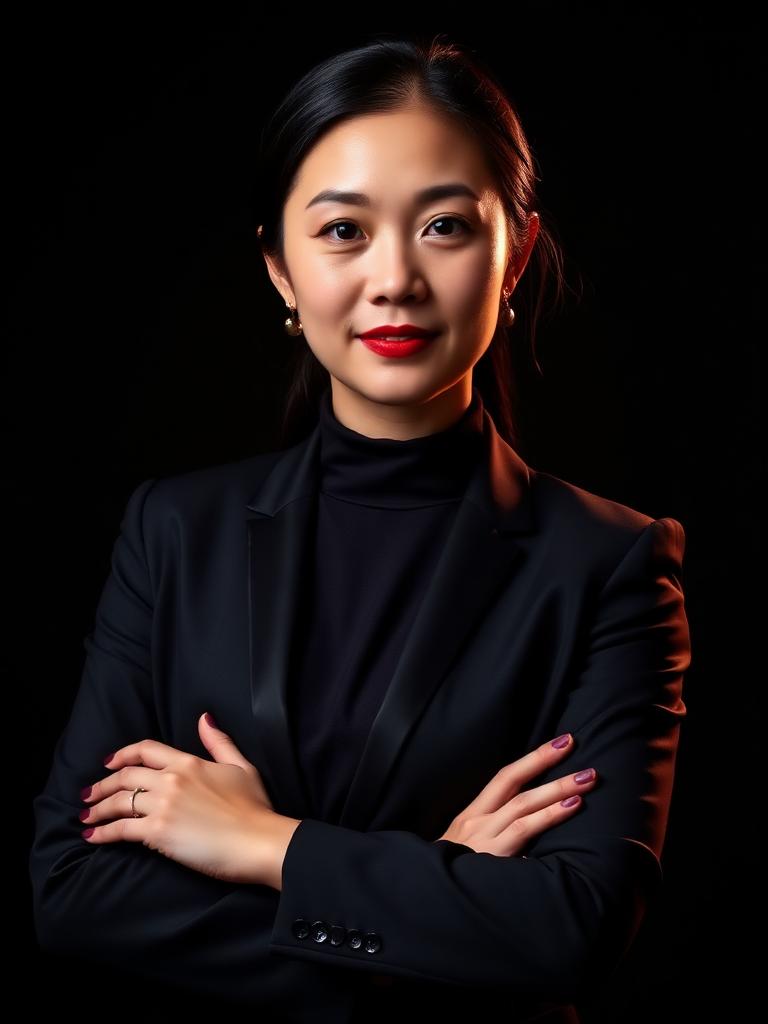 Studio portrait of sample honoree Mei-Lin Chow in an elegant dark outfit