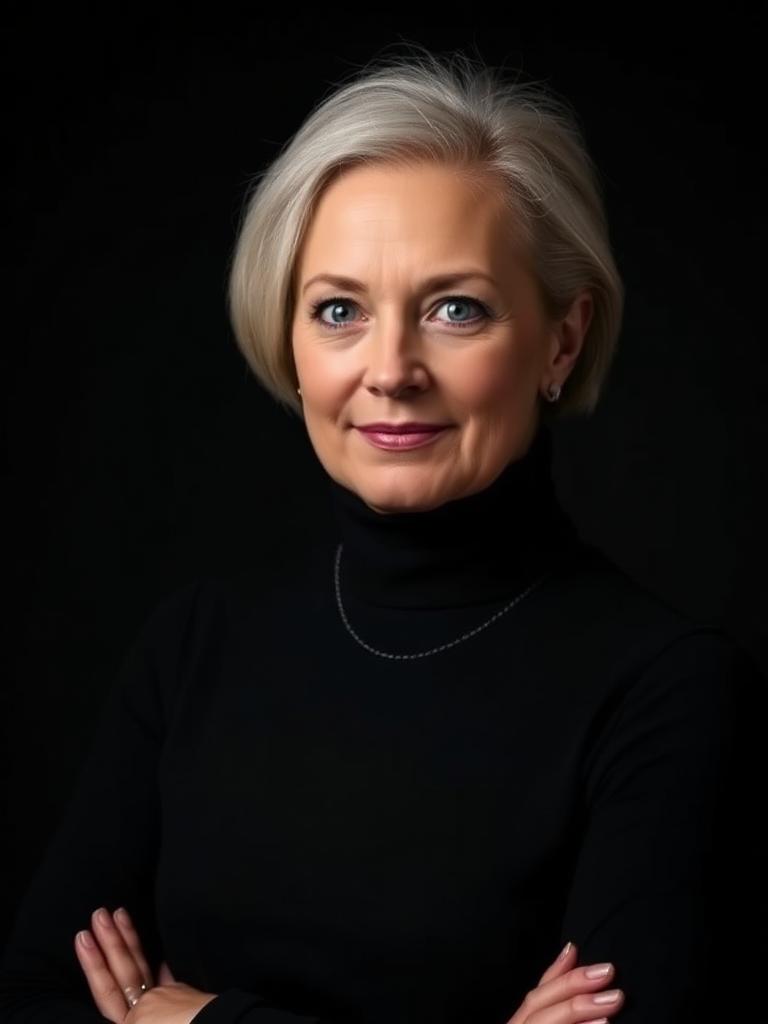 Studio portrait of sample honoree Catherine Hale in a black turtleneck